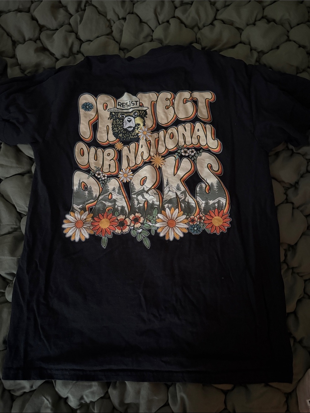 Protect Our National Parks Graphic Tee - Black with Orange & White Floral Print